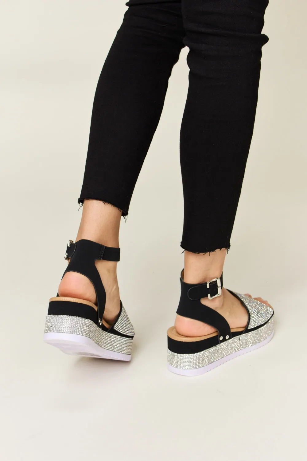 Black Rhinestone Buckle Strappy Wedge Sandals