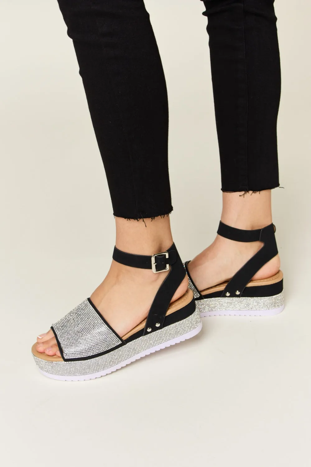 Black Rhinestone Buckle Strappy Wedge Sandals