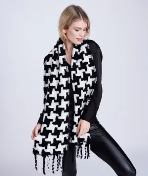 Black White Wool Houndstooth Scarf with long Twisted Fringes