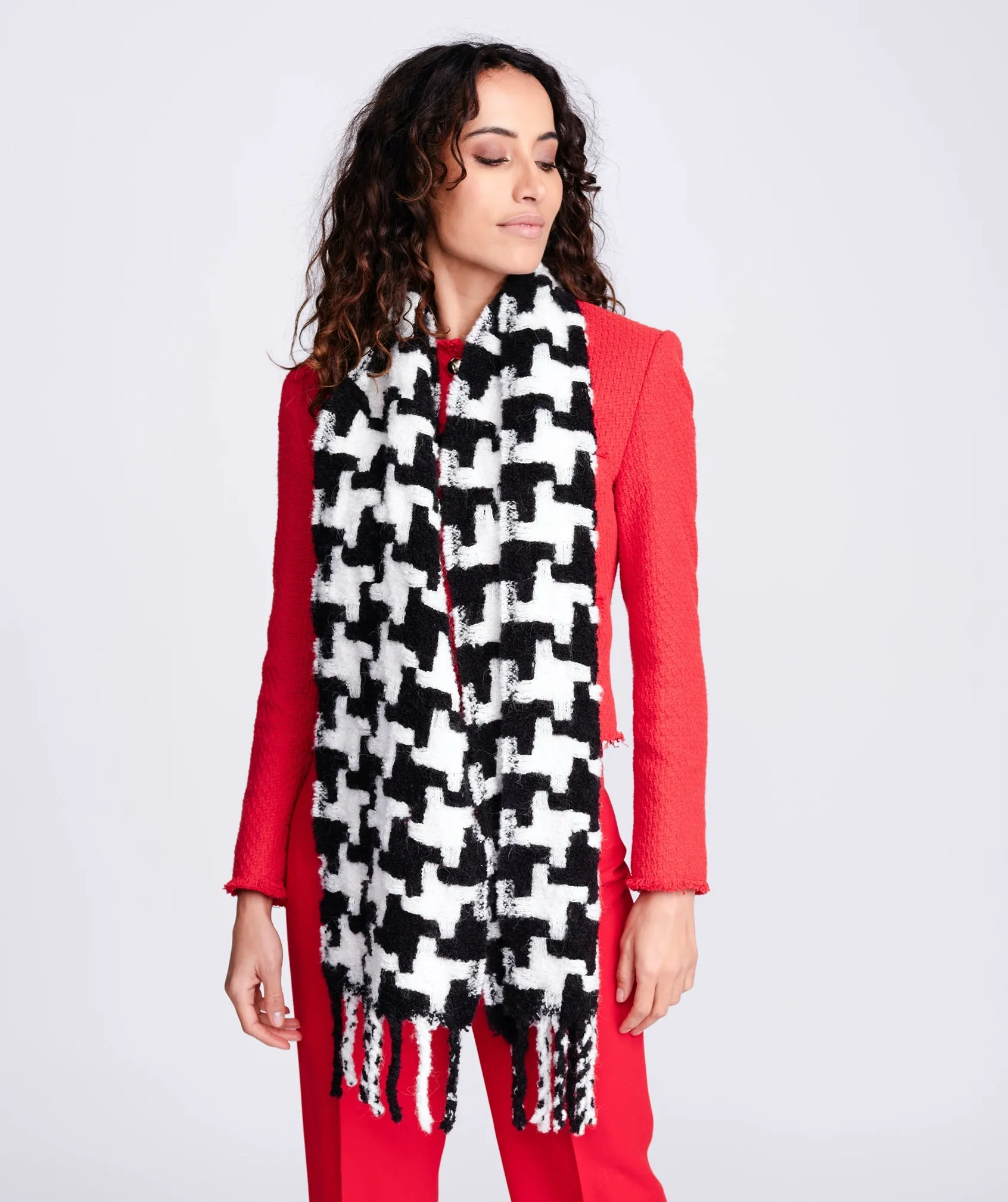 Black White Wool Houndstooth Scarf with long Twisted Fringes