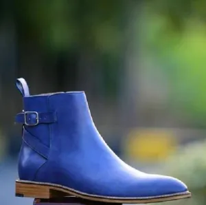 Blue Leather Casual Chelsea Boots for Men