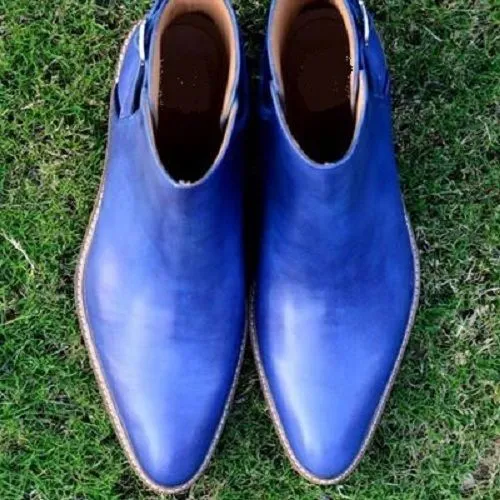 Blue Leather Casual Chelsea Boots for Men