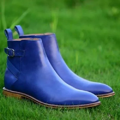 Blue Leather Casual Chelsea Boots for Men