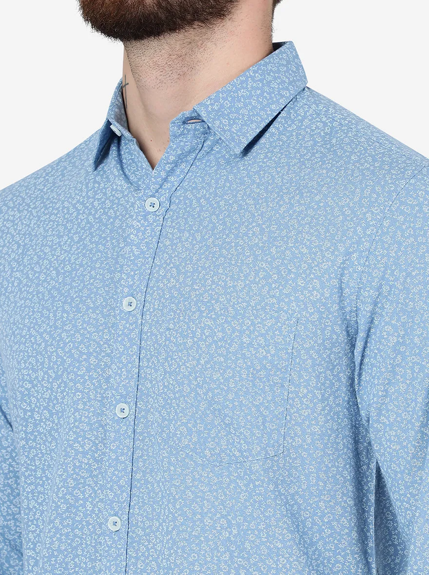 Blue Printed Slim Fit Casual Shirt | Greenfibre