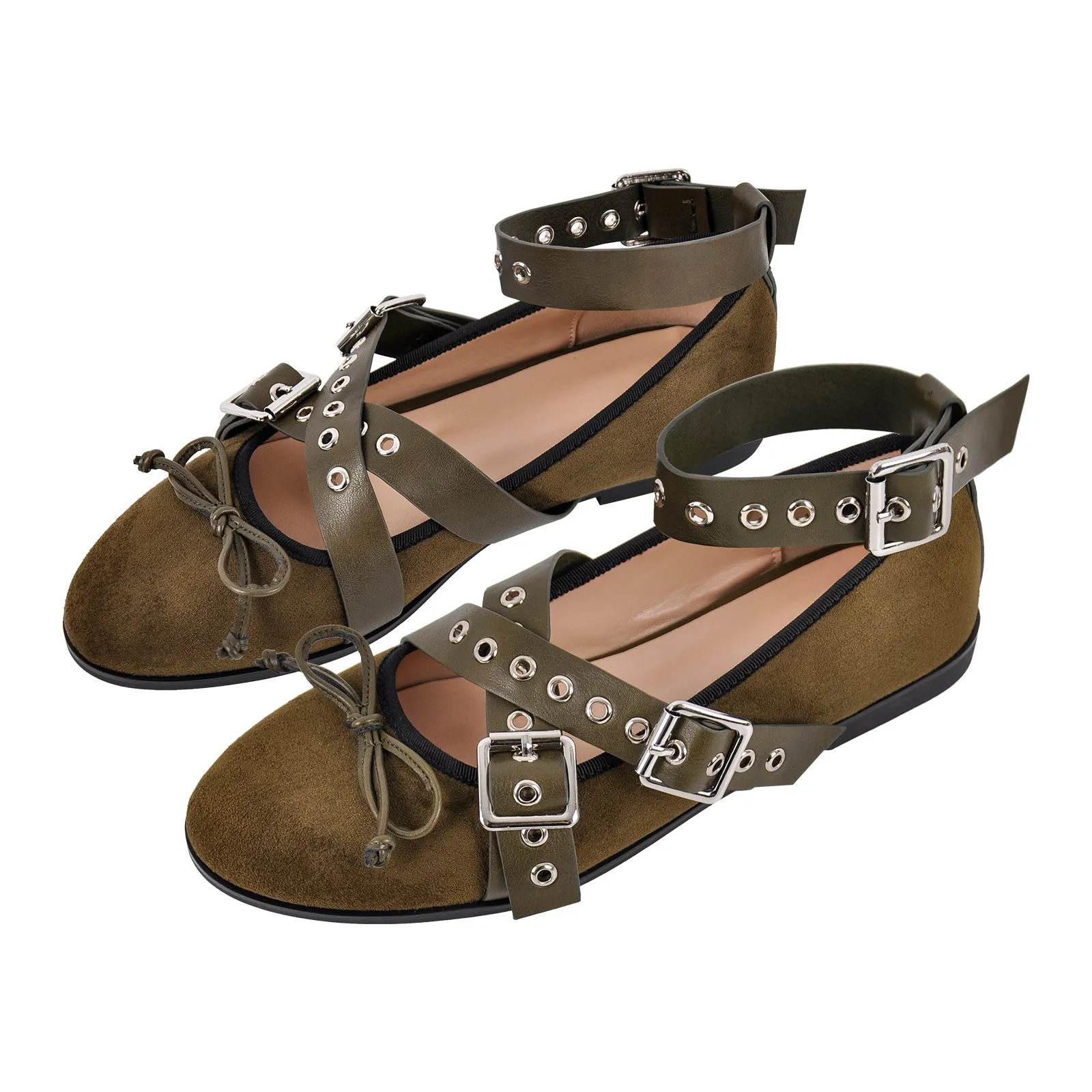 Bow Round Toe Belt Buckle Ankle Strap Flats