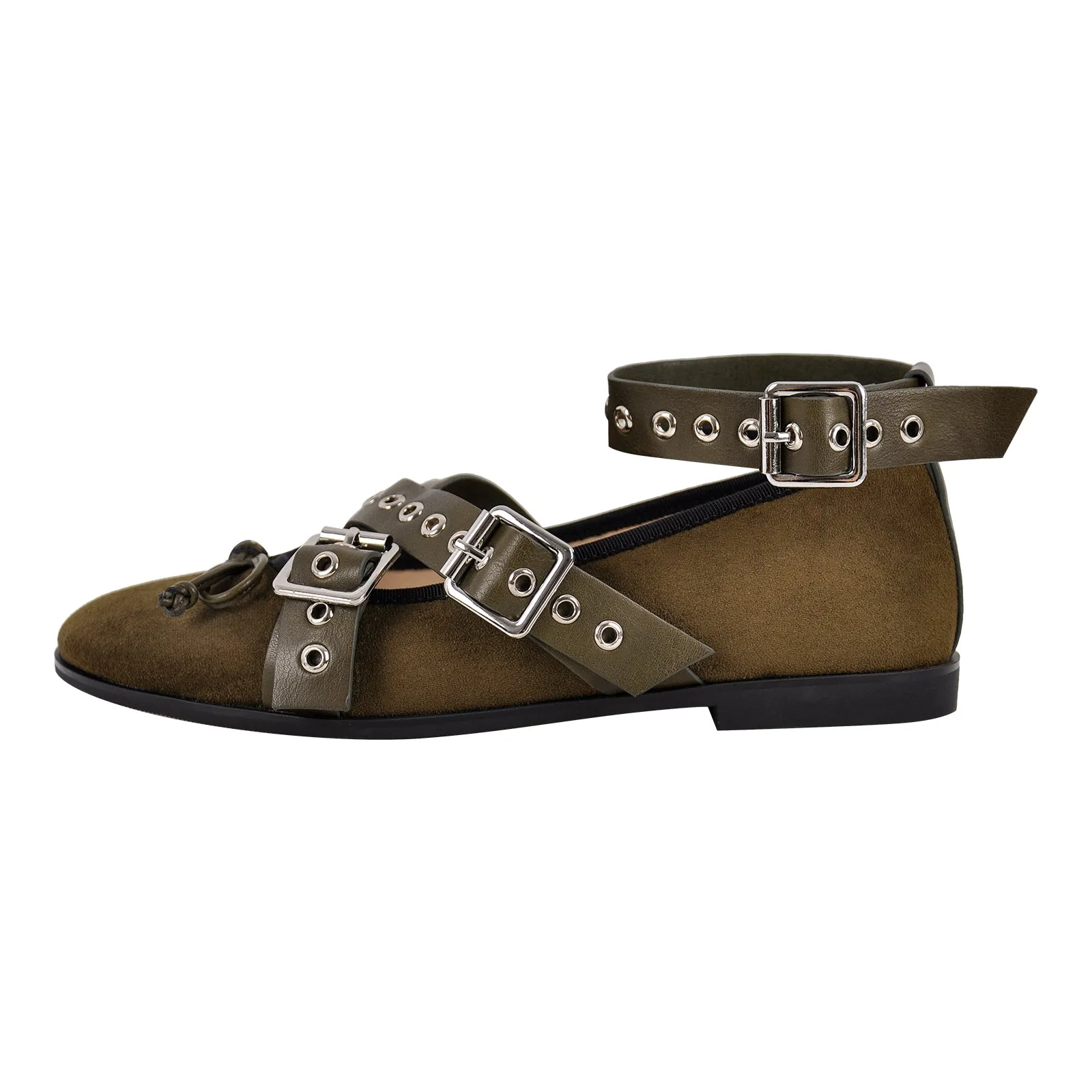 Bow Round Toe Belt Buckle Ankle Strap Flats