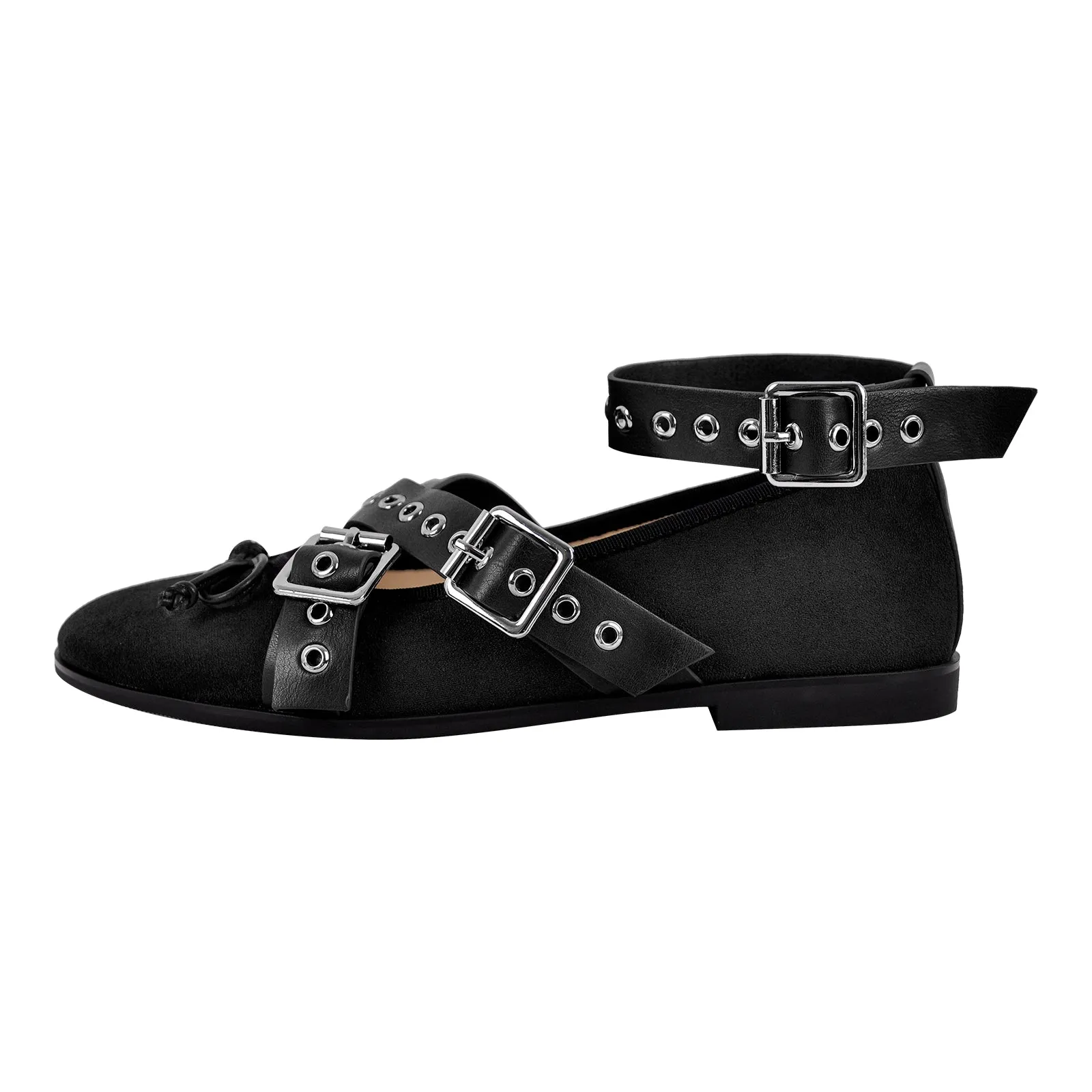Bow Round Toe Belt Buckle Ankle Strap Flats