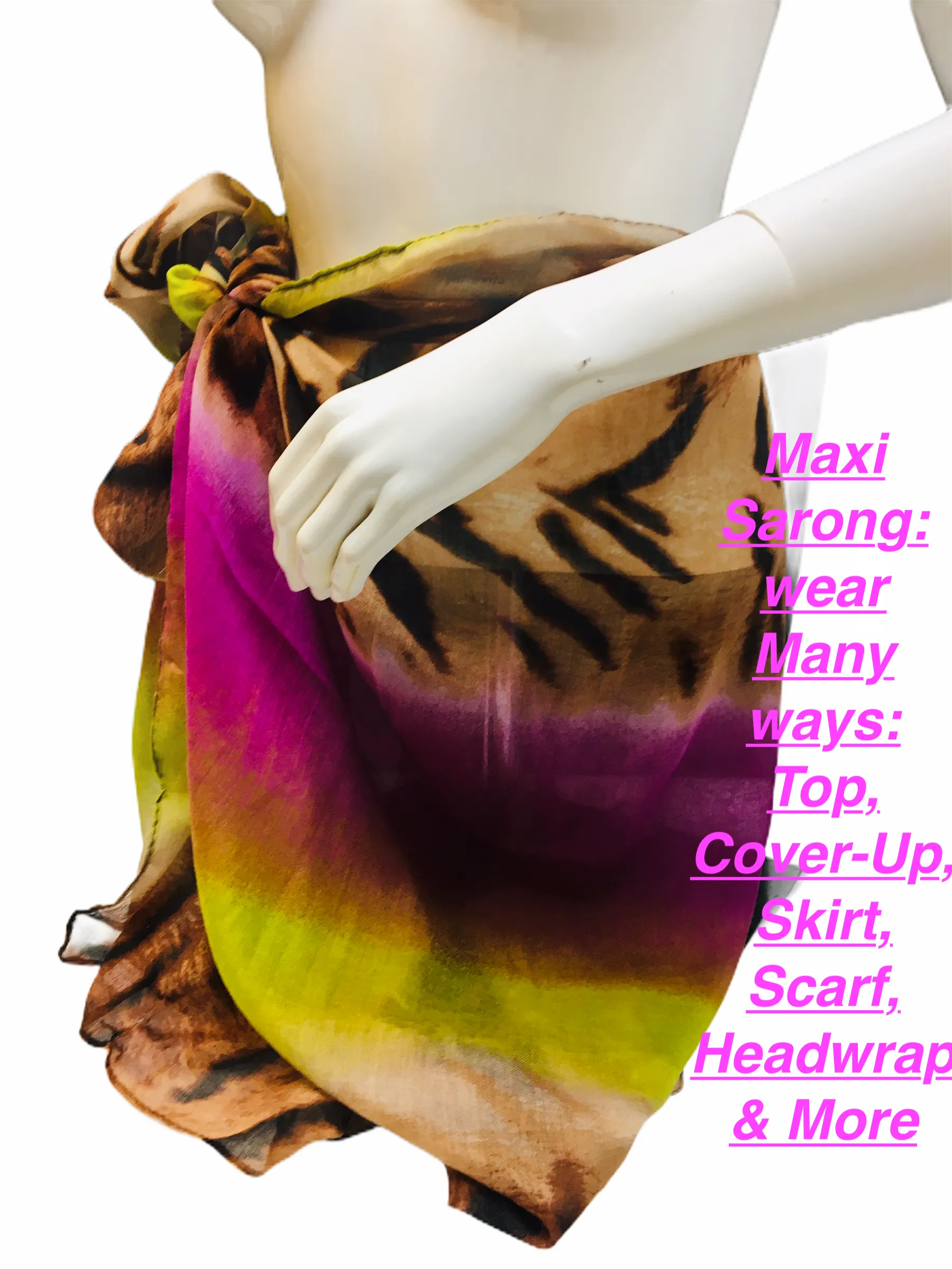 Brand new maxi sarong, One Size, Wear Many Ways! Can be used as scarf, shawl, throw, stole, head wraps and headscarves, evening wrap, hip scarf, beach wrapping skirt, swimwear cover-up sarong.