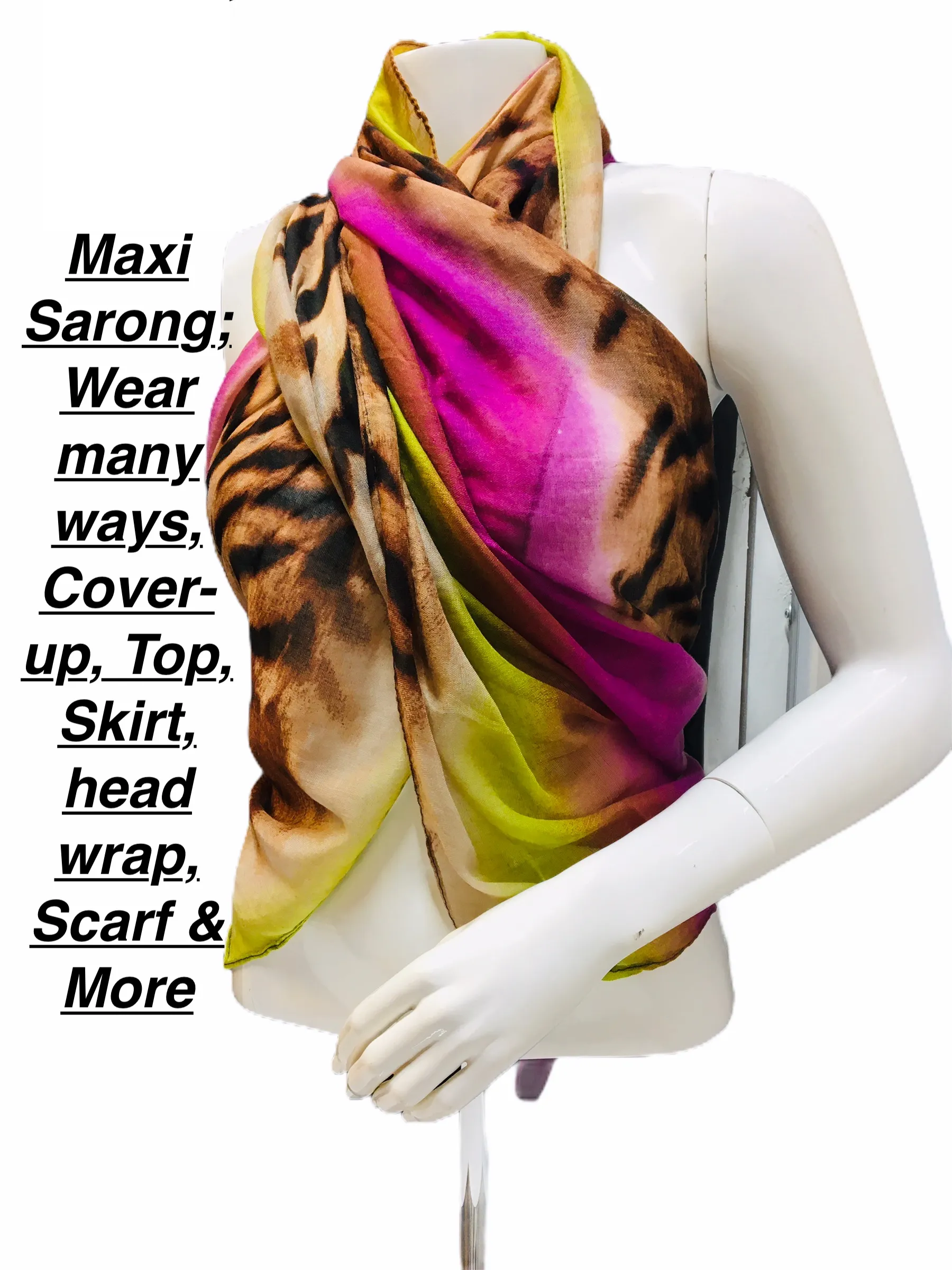 Brand new maxi sarong, One Size, Wear Many Ways! Can be used as scarf, shawl, throw, stole, head wraps and headscarves, evening wrap, hip scarf, beach wrapping skirt, swimwear cover-up sarong.