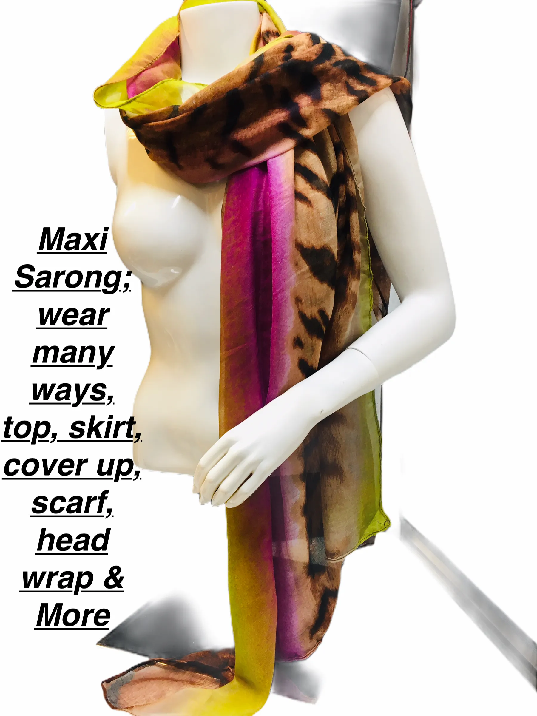 Brand new maxi sarong, One Size, Wear Many Ways! Can be used as scarf, shawl, throw, stole, head wraps and headscarves, evening wrap, hip scarf, beach wrapping skirt, swimwear cover-up sarong.