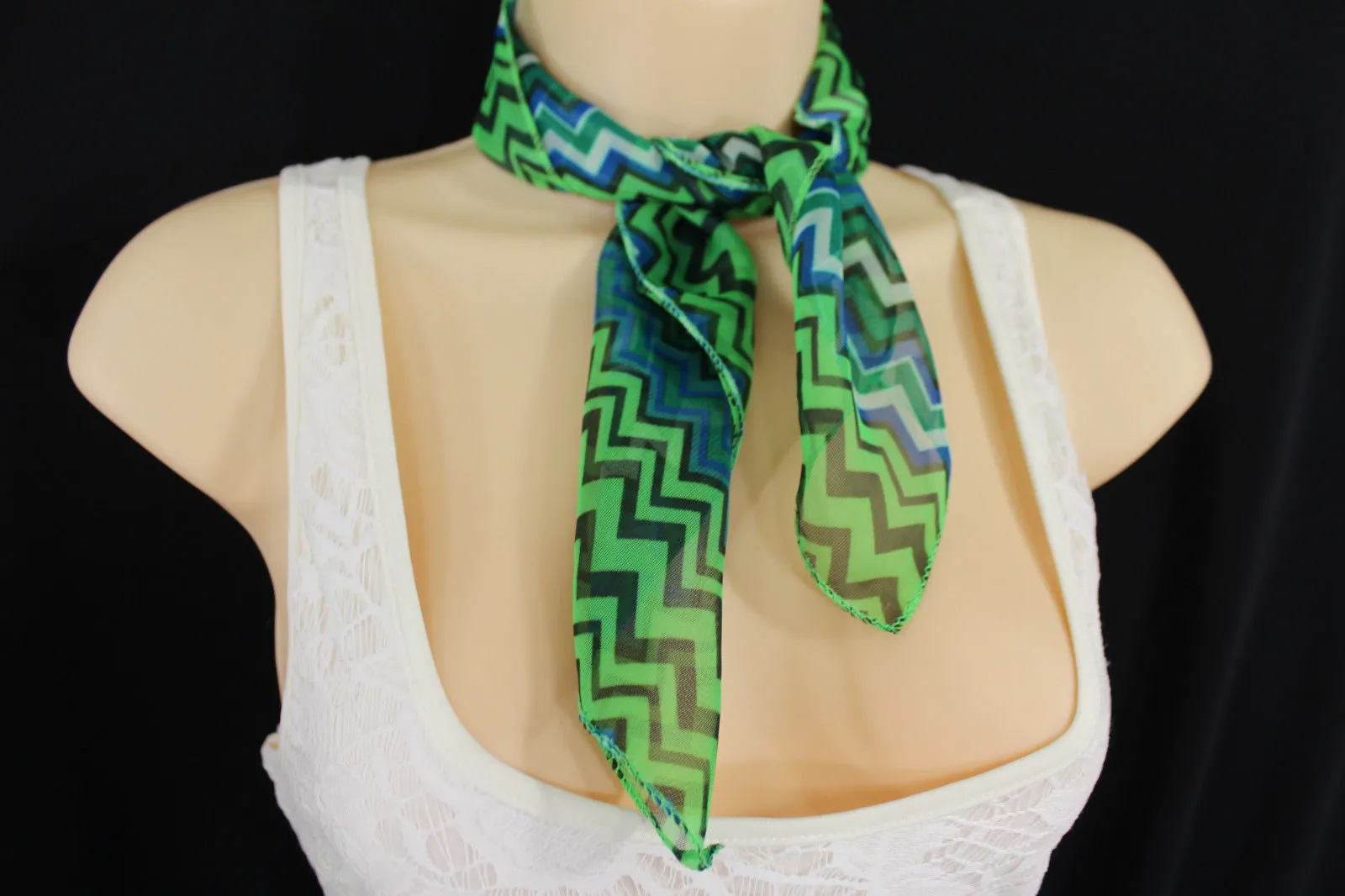 Bright Green Neck Scarf Fabric Black Chevron Print Pocket Square