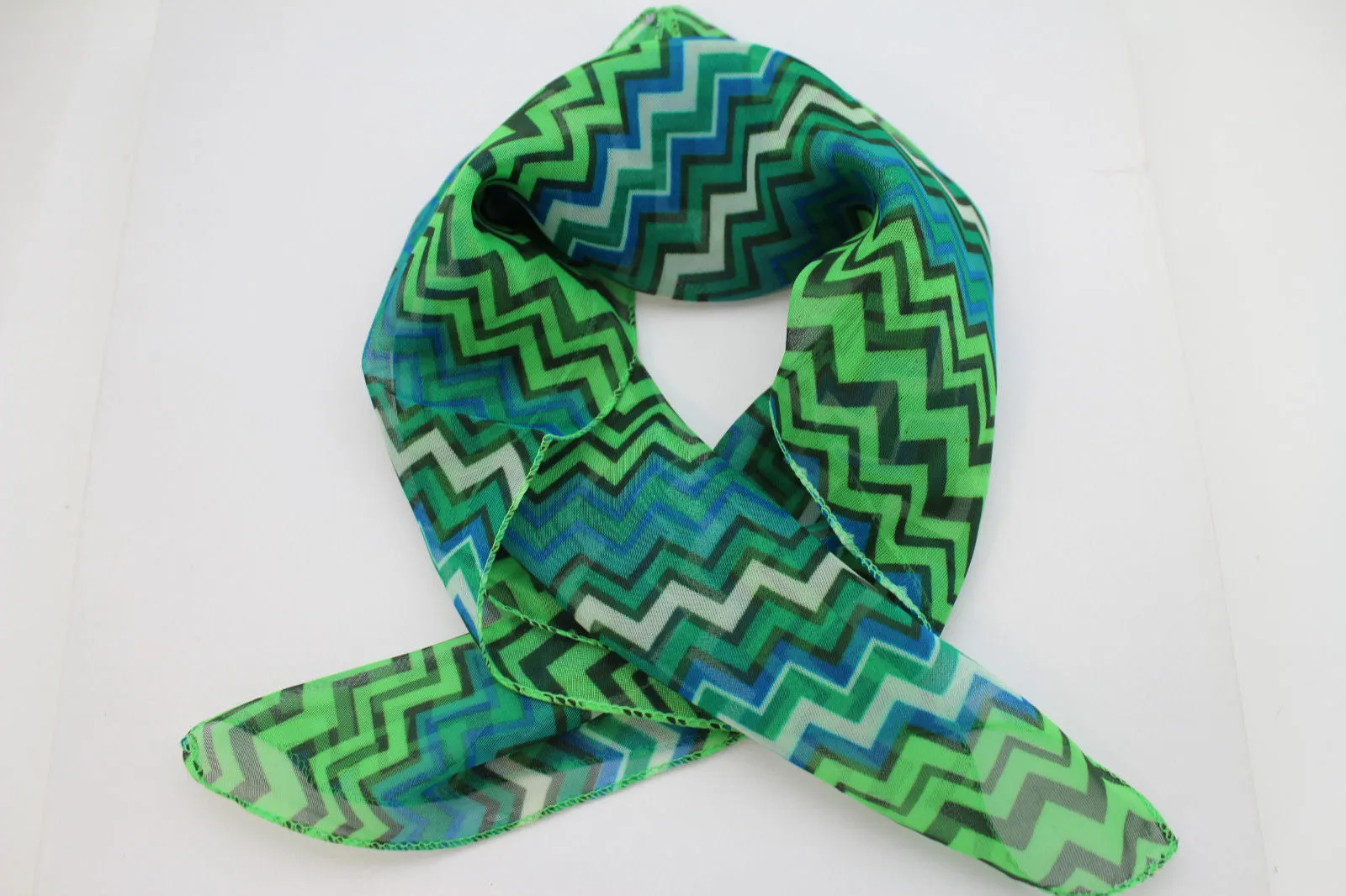 Bright Green Neck Scarf Fabric Black Chevron Print Pocket Square