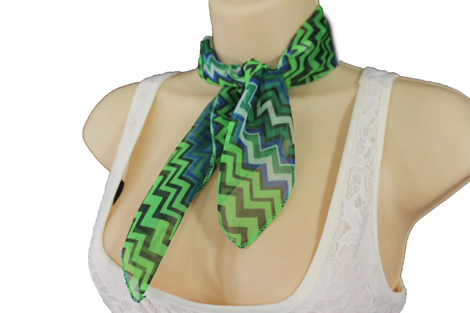 Bright Green Neck Scarf Fabric Black Chevron Print Pocket Square