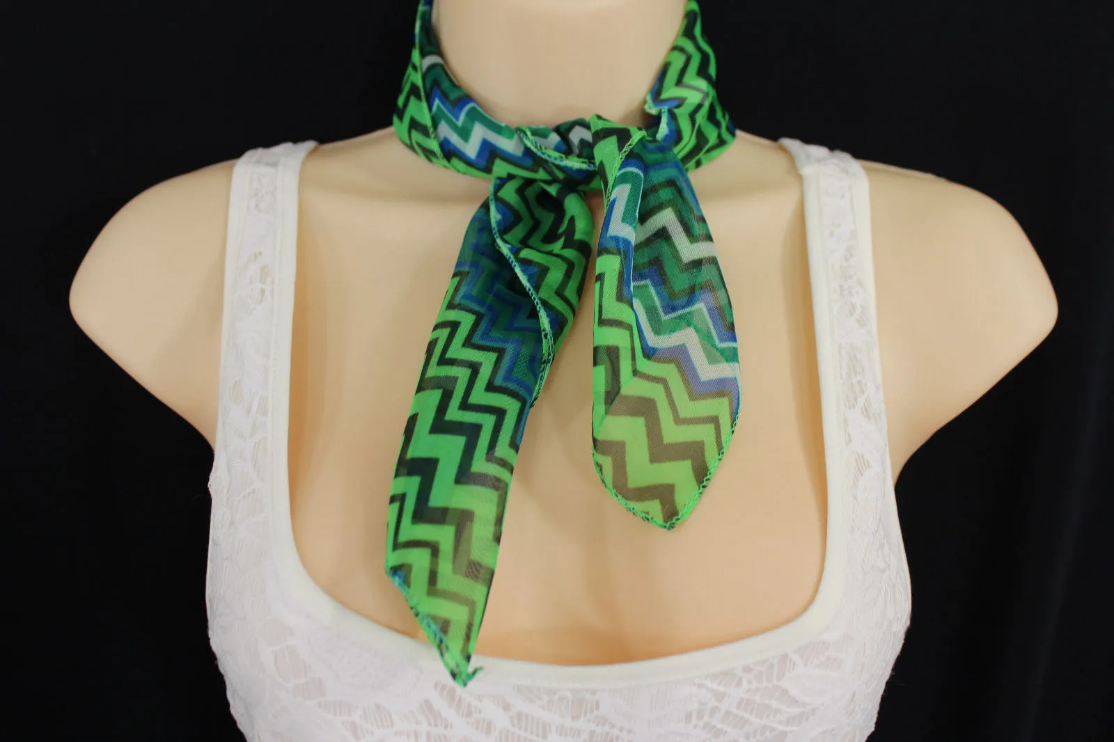 Bright Green Neck Scarf Fabric Black Chevron Print Pocket Square
