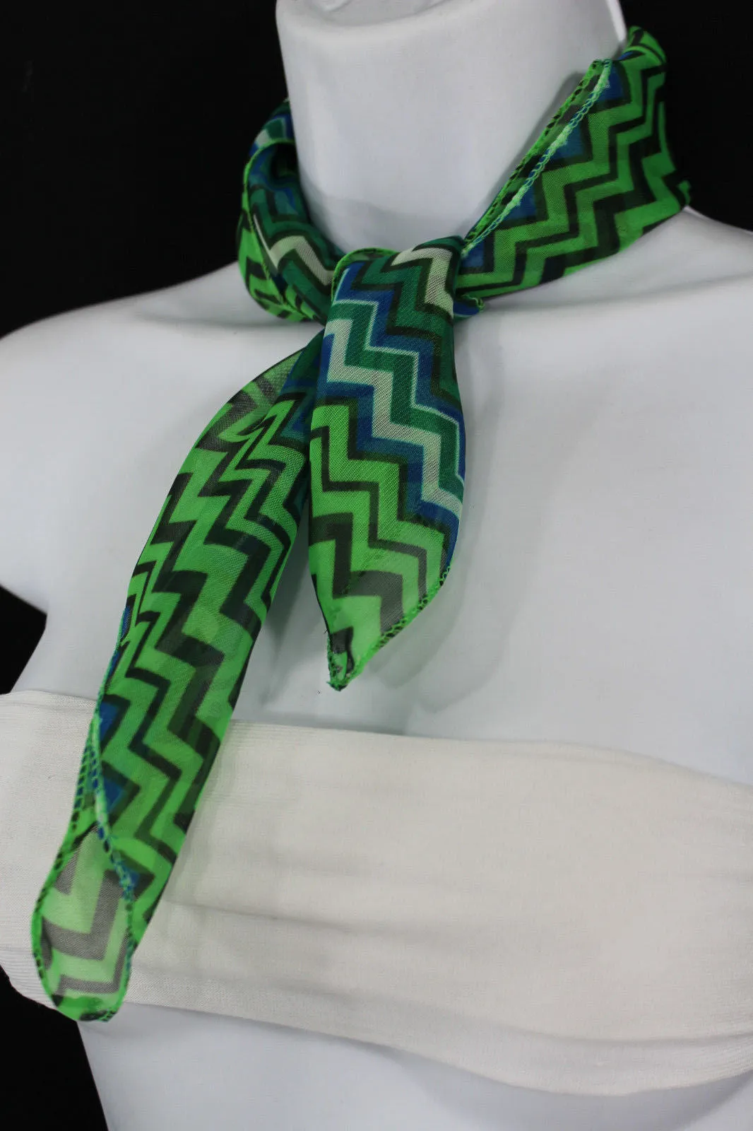 Bright Green Neck Scarf Fabric Black Chevron Print Pocket Square