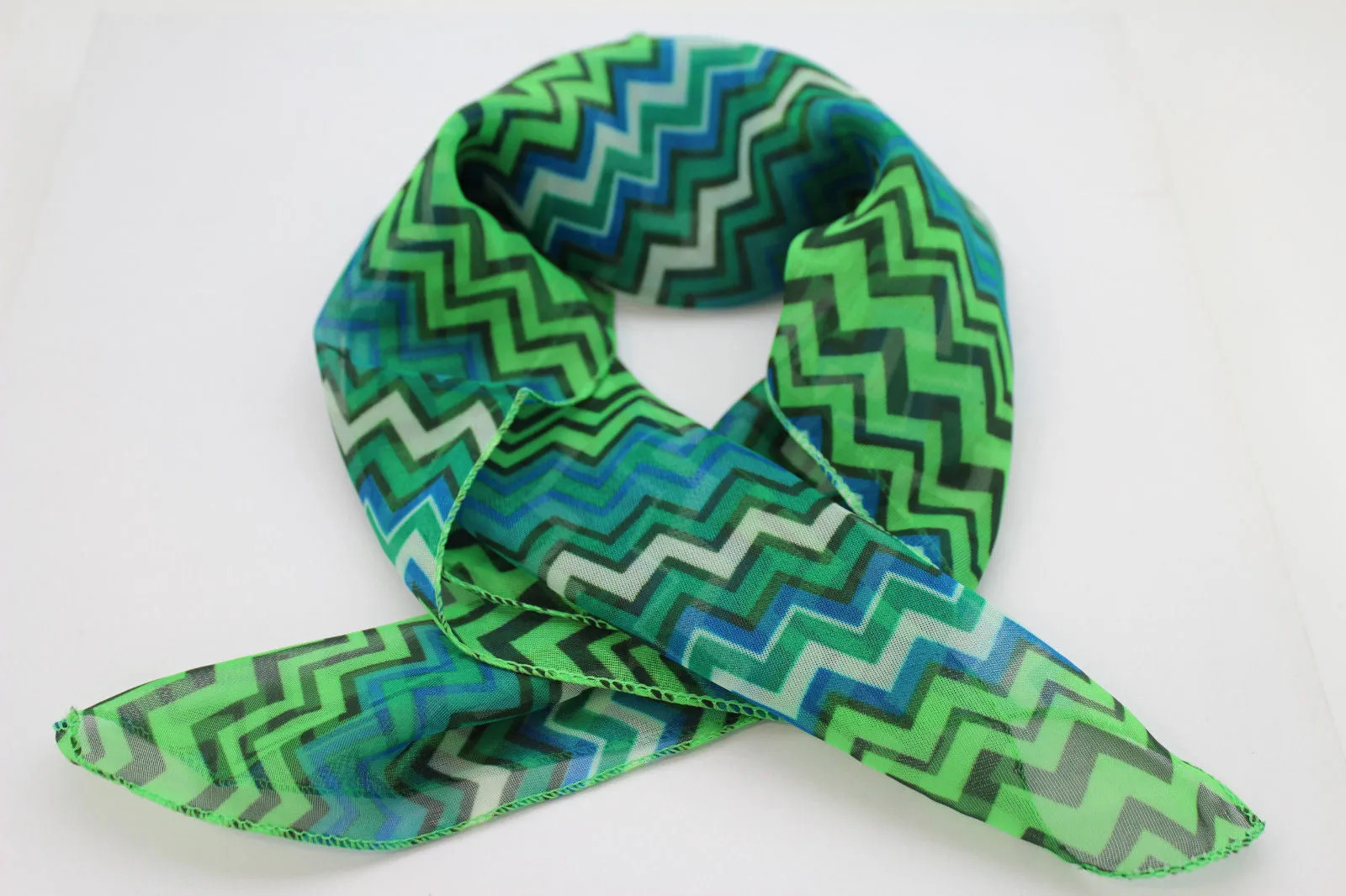 Bright Green Neck Scarf Fabric Black Chevron Print Pocket Square