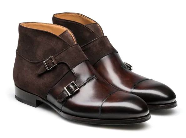 Brown Suede and Leather Double Monk Boots for Men