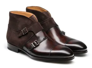 Brown Suede and Leather Double Monk Boots for Men