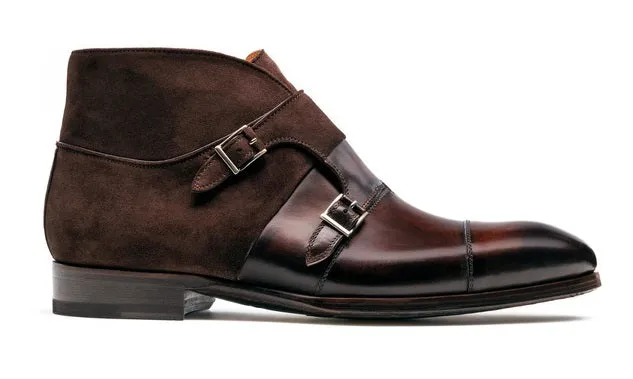 Brown Suede and Leather Double Monk Boots for Men