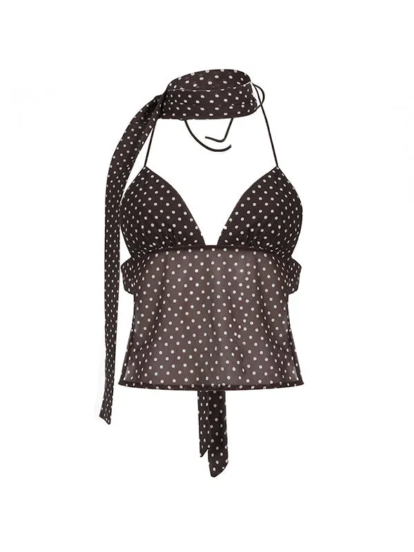 Brown Y2k polka dot top with scarf and backless lace-up design