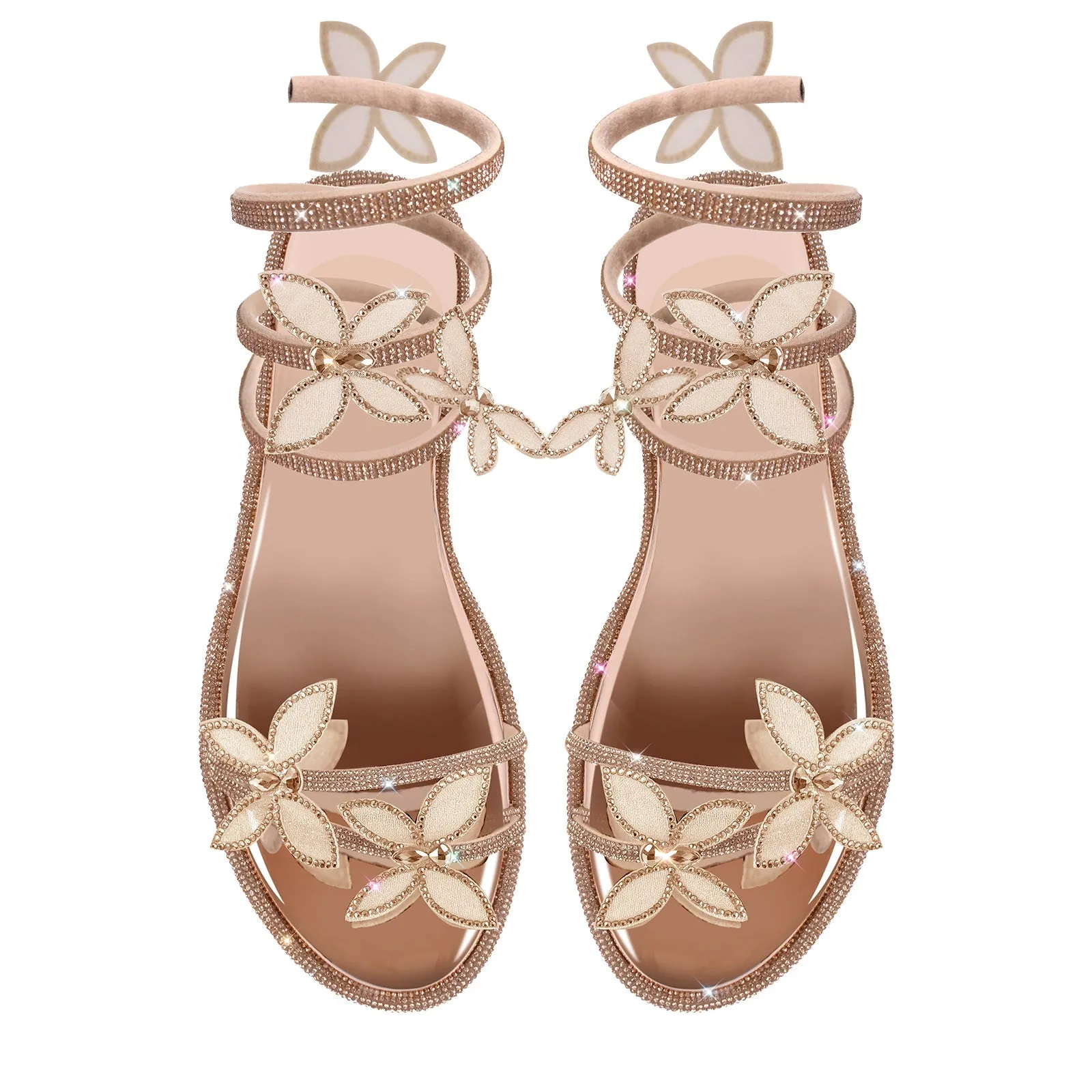 Butterfly Rhinestone Round Toe Strap Flat Sandals