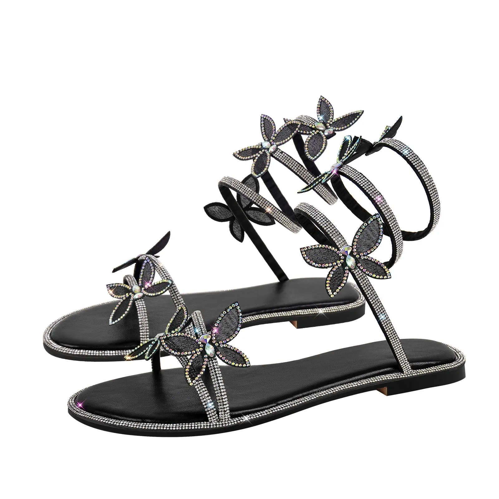 Butterfly Rhinestone Round Toe Strap Flat Sandals