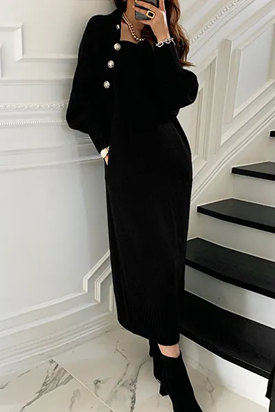 Casual Elegant Solid Buckle With Belt Turtleneck Dresses(3 colors)