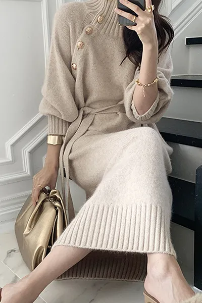Casual Elegant Solid Buckle With Belt Turtleneck Dresses(3 colors)