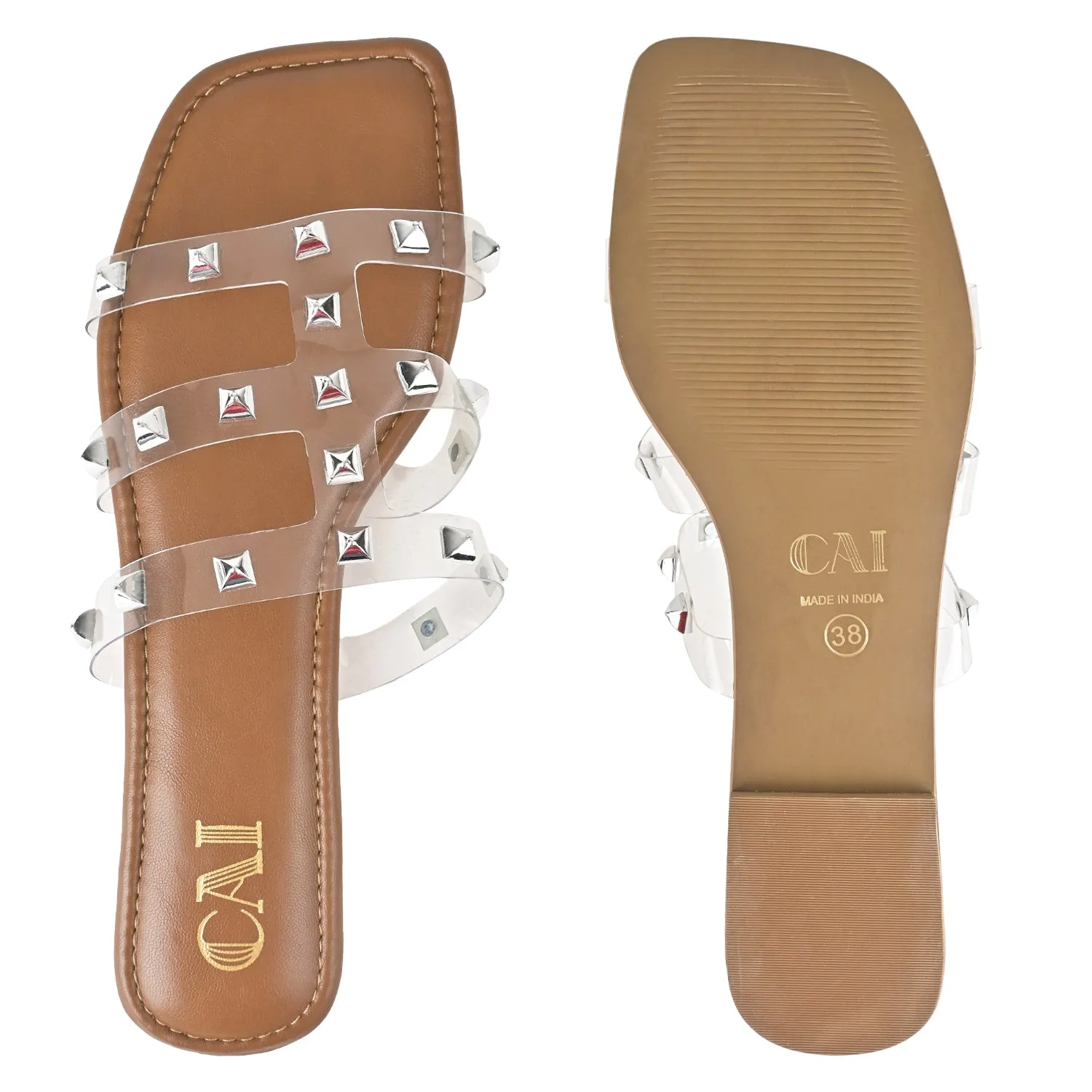 Clear Strap Tan Studded Flats