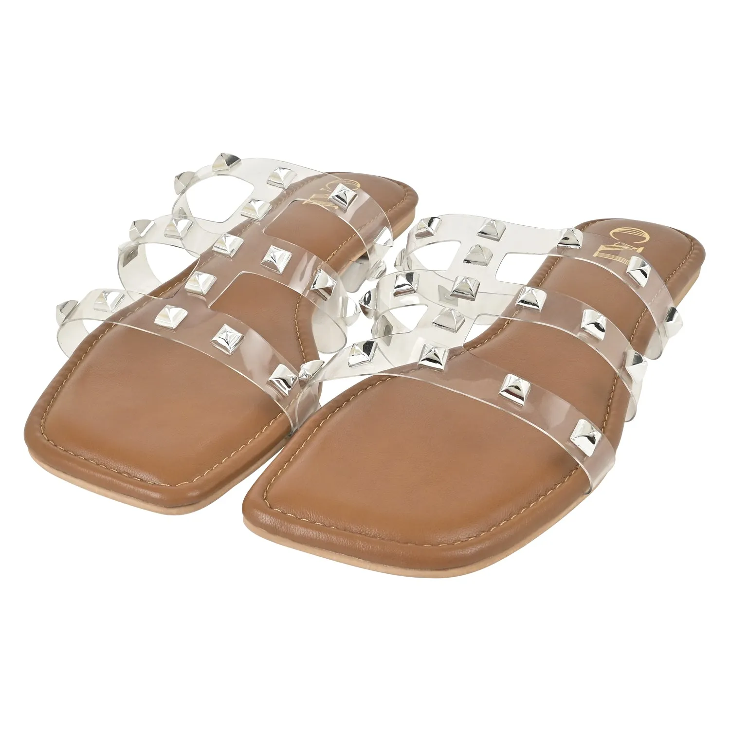 Clear Strap Tan Studded Flats