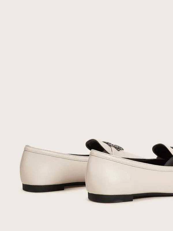 CM-SHS009634 Women Elegant Seoul Style Rhinestone And Metal Front Loafers - Beige