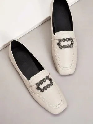 CM-SHS009634 Women Elegant Seoul Style Rhinestone And Metal Front Loafers - Beige