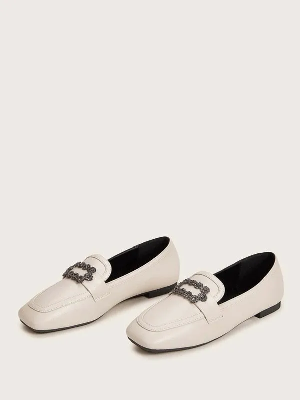 CM-SHS009634 Women Elegant Seoul Style Rhinestone And Metal Front Loafers - Beige