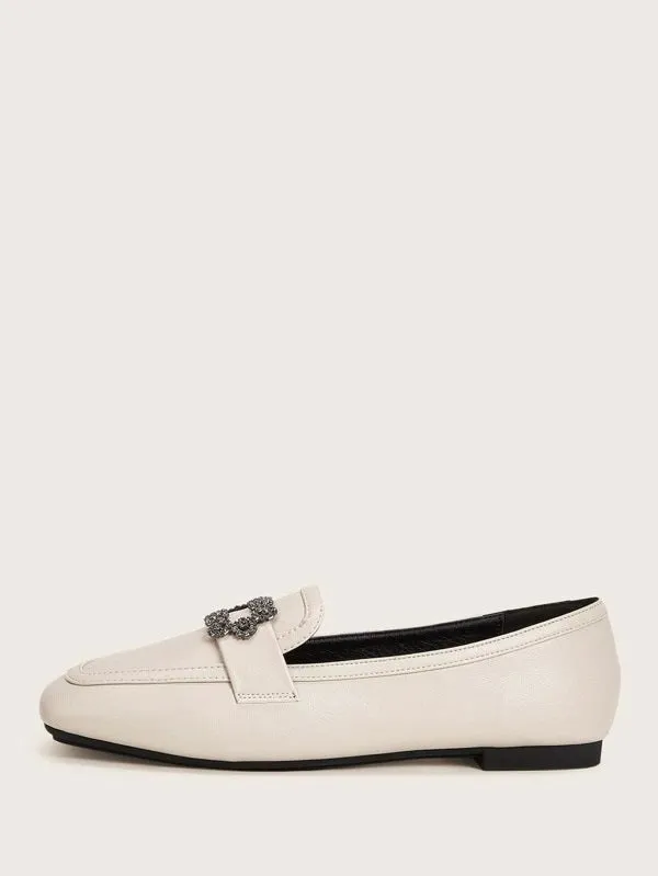 CM-SHS009634 Women Elegant Seoul Style Rhinestone And Metal Front Loafers - Beige