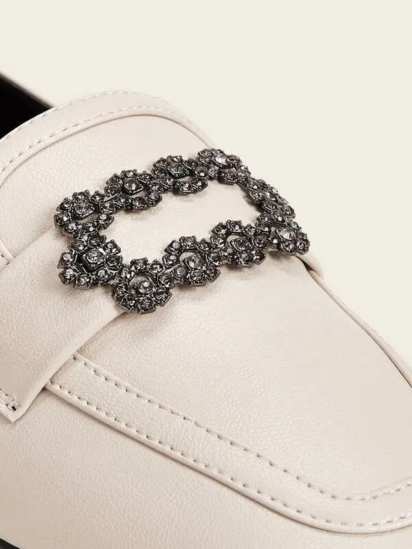 CM-SHS009634 Women Elegant Seoul Style Rhinestone And Metal Front Loafers - Beige