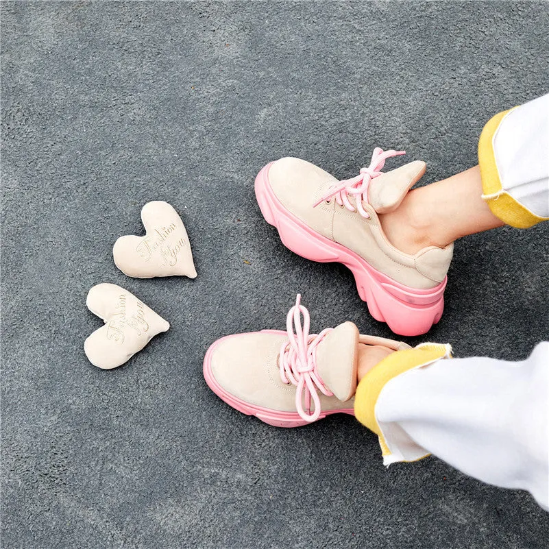 Cute Loving Heart Women Casual Shoe Laces Breathable Sport Sneakers Shoes Woman Platforms Walk Shoes Pink