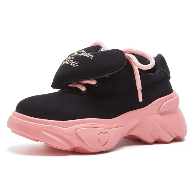 Cute Loving Heart Women Casual Shoe Laces Breathable Sport Sneakers Shoes Woman Platforms Walk Shoes Pink