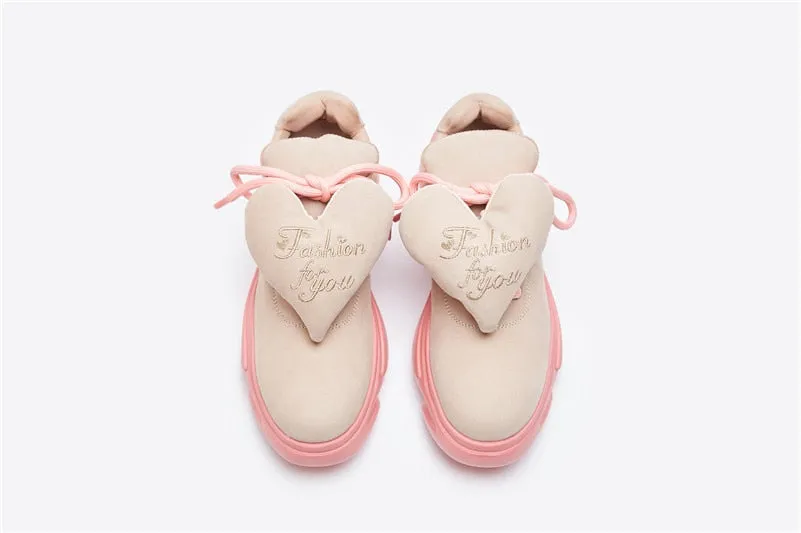 Cute Loving Heart Women Casual Shoe Laces Breathable Sport Sneakers Shoes Woman Platforms Walk Shoes Pink