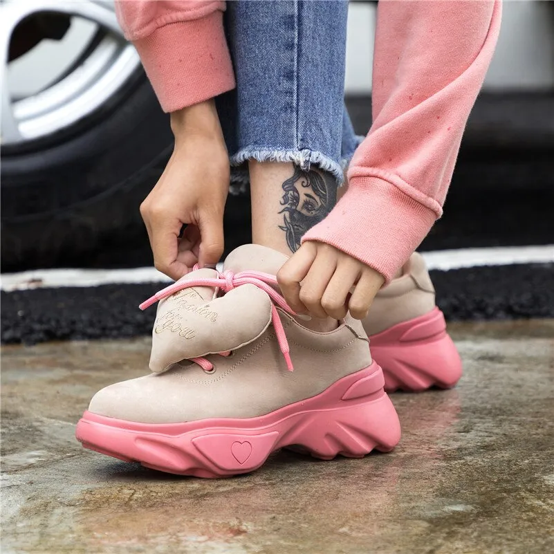 Cute Loving Heart Women Casual Shoe Laces Breathable Sport Sneakers Shoes Woman Platforms Walk Shoes Pink
