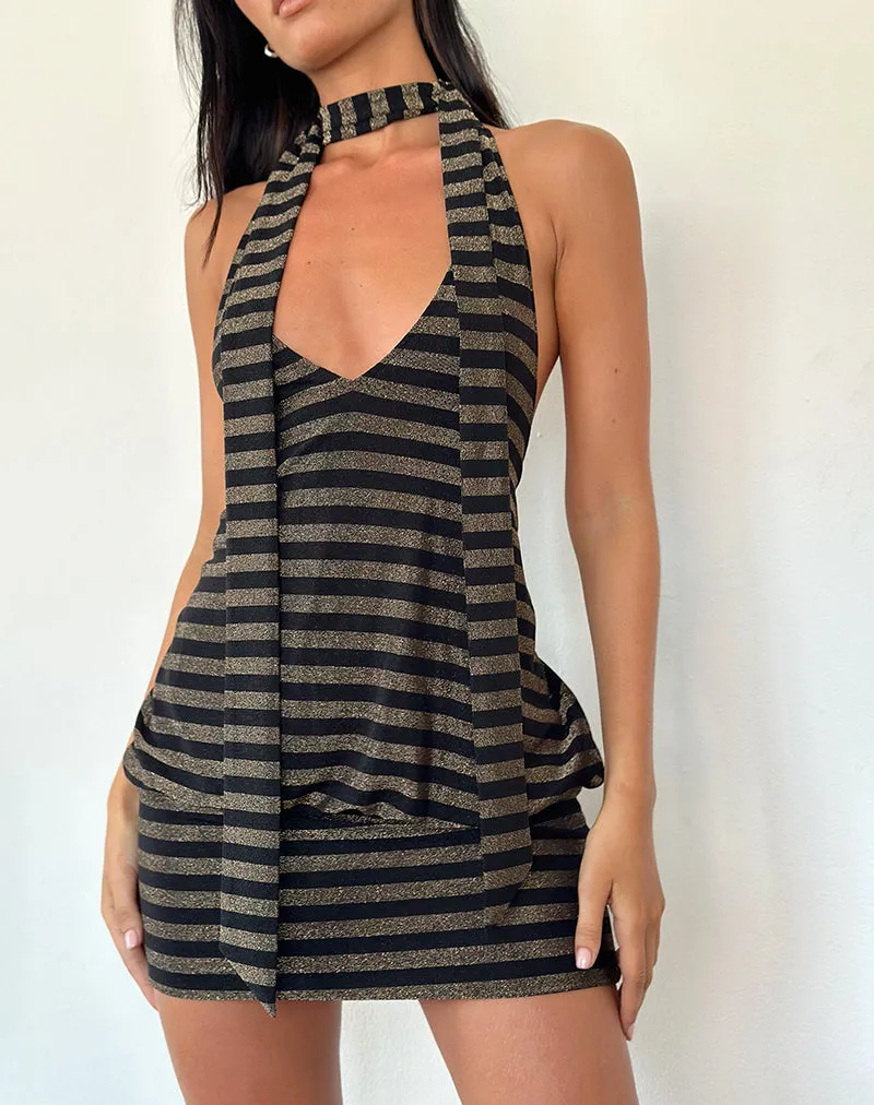 Daphnis Backless Halterneck Mini Dress in Lurex Gold Stripe