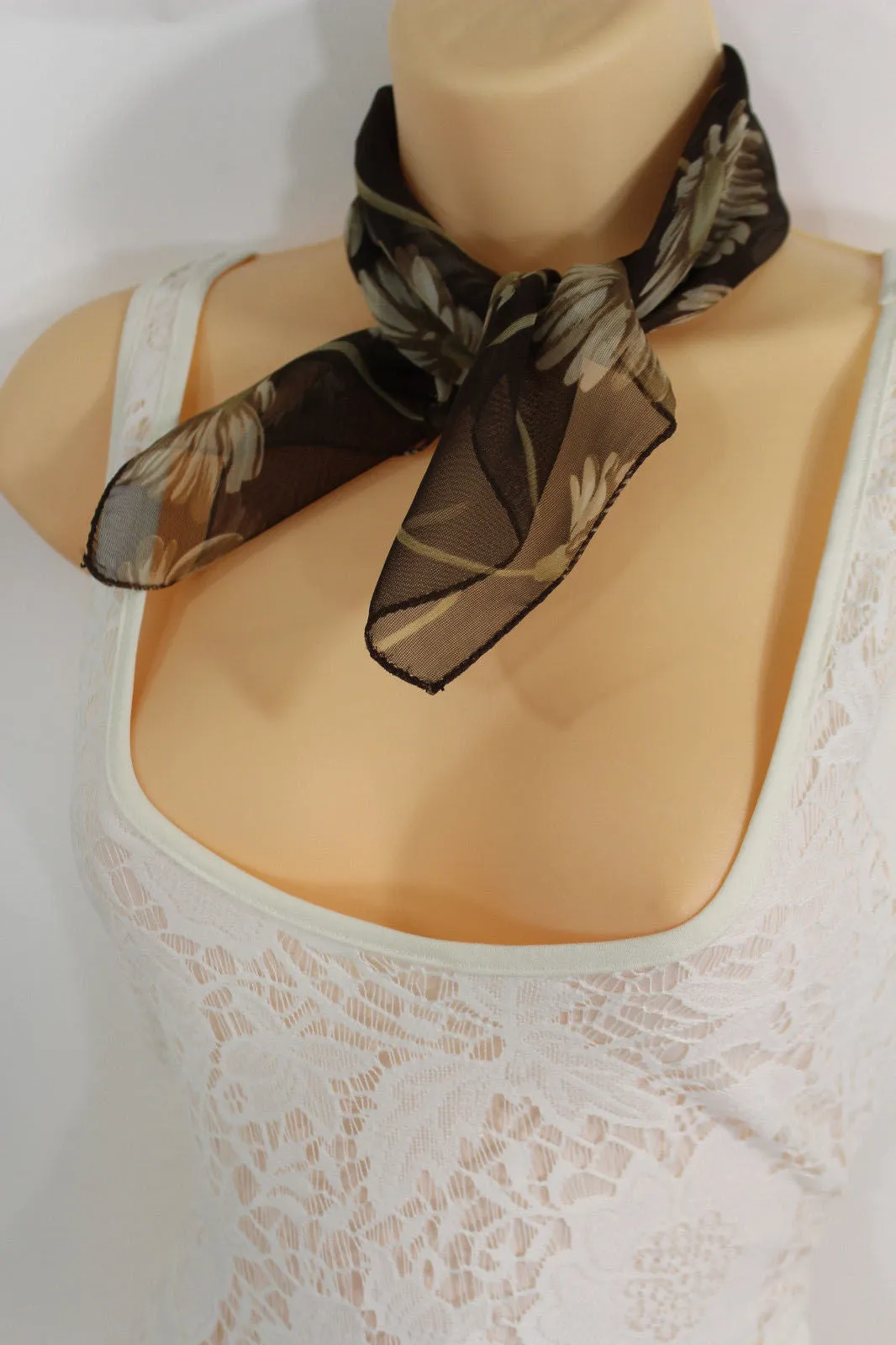 Dark Green Brown Navy Blue Small Neck Soft Scarf Fabric Flower Pocket Square