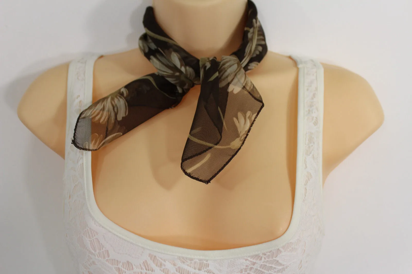 Dark Green Brown Navy Blue Small Neck Soft Scarf Fabric Flower Pocket Square