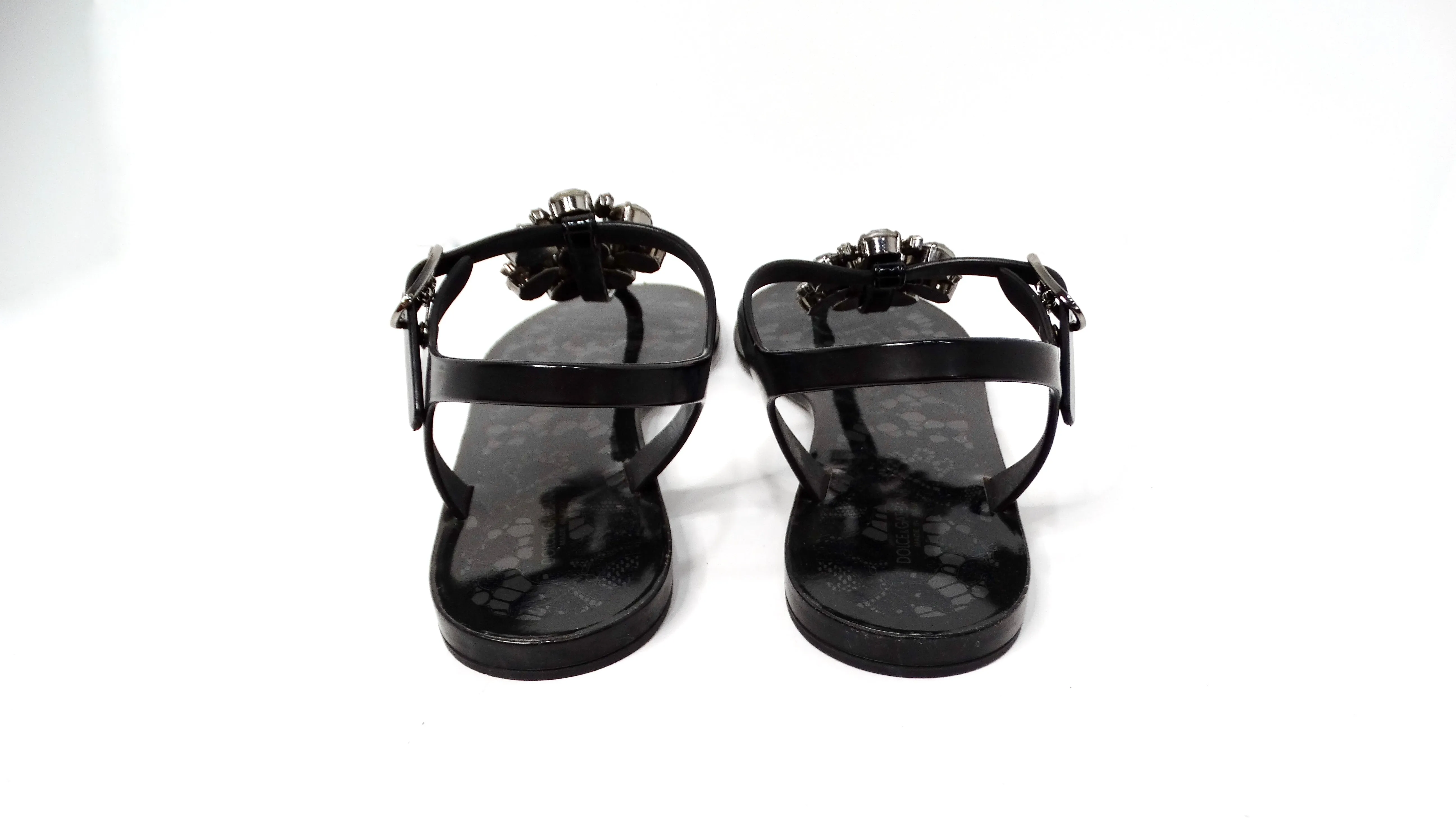 Dolce & Gabbana Black Jelly Lace Print Sandals With Crystal Flower Embellishment