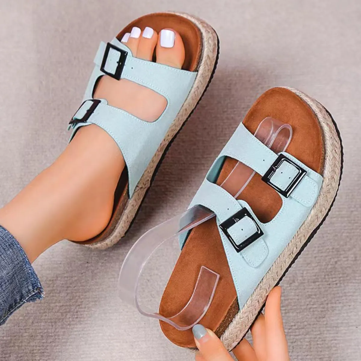 Double Buckle Open Toe Flats Sandals