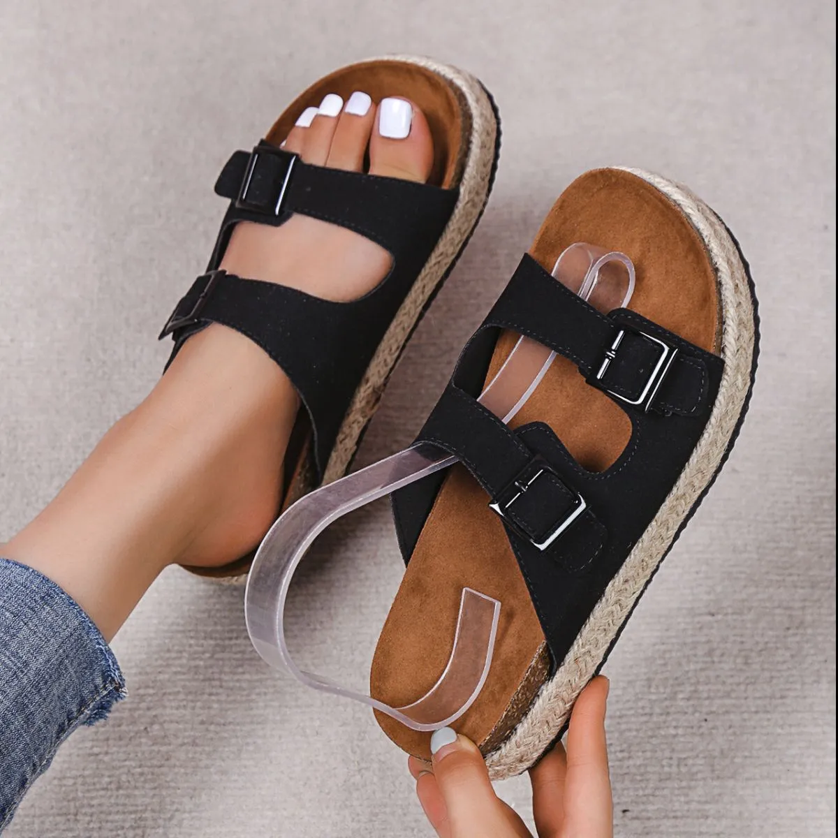 Double Buckle Open Toe Flats Sandals