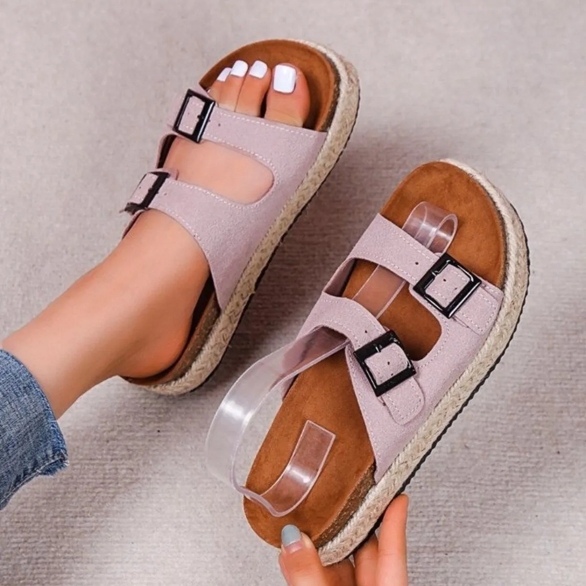 Double Buckle Open Toe Flats Sandals