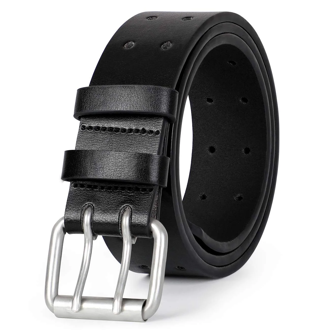 Double Prong Leather Belt Heavy Duty Belt for Men, Double Grommet Holes Belt for Pants