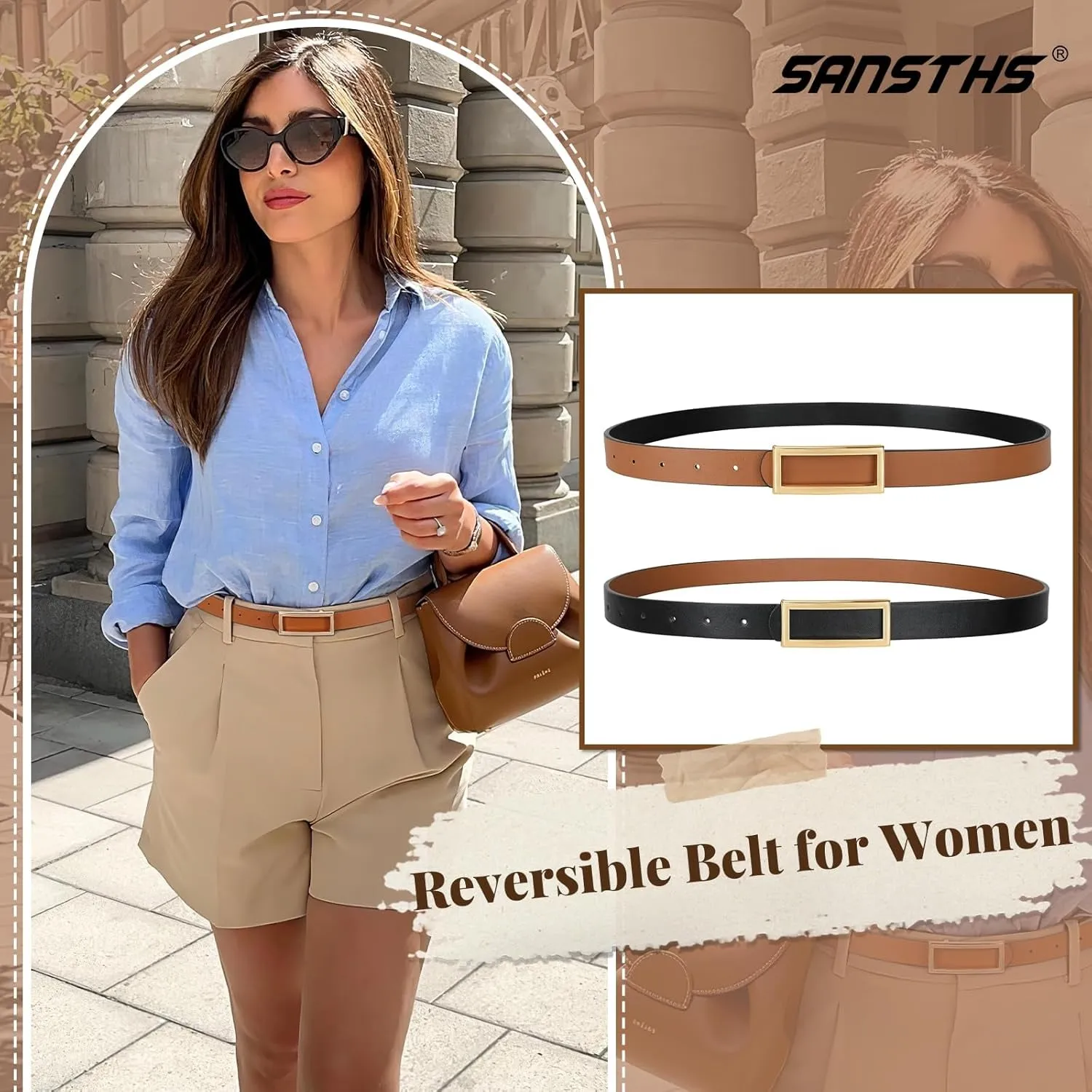 Double-sided women's thin belt for Dresses Jeans Pants with Gold Buckle