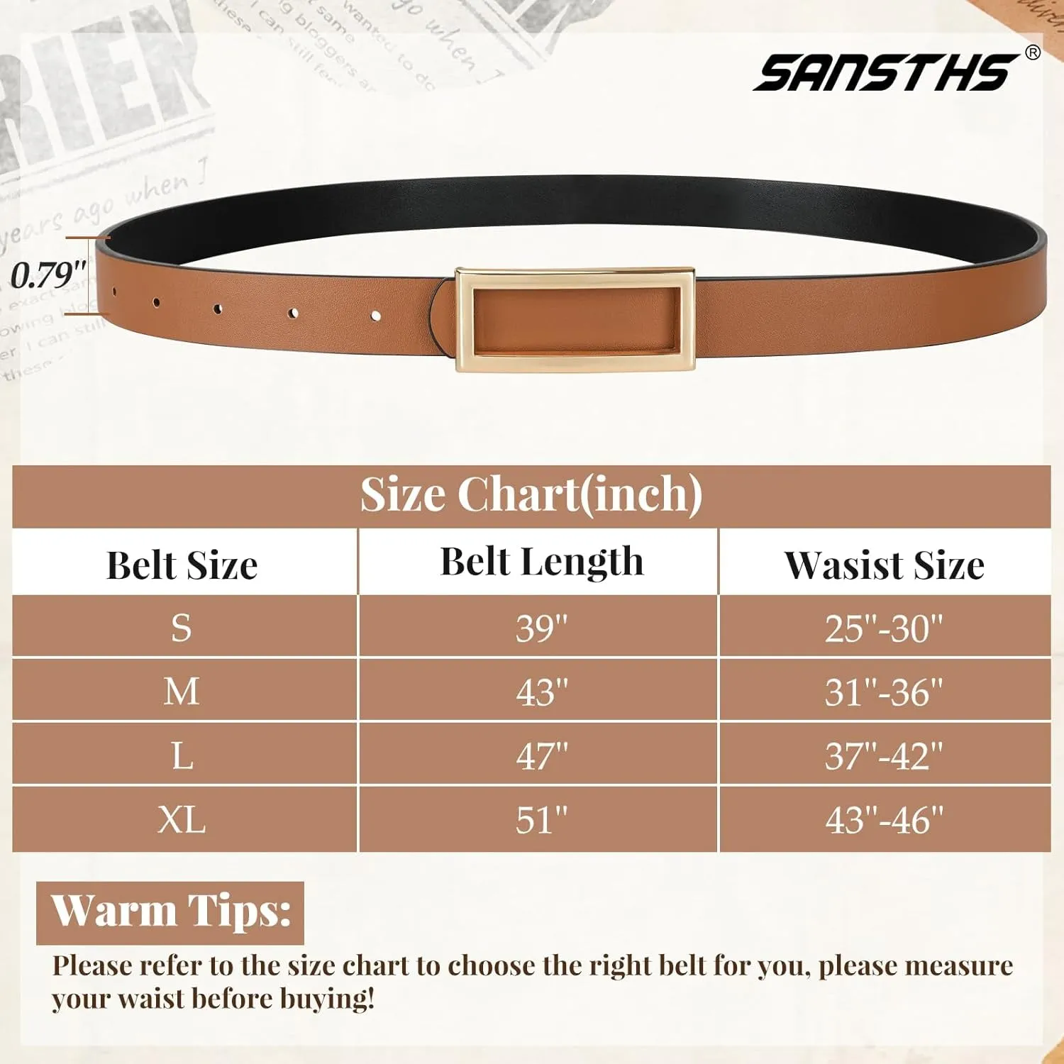 Double-sided women's thin belt for Dresses Jeans Pants with Gold Buckle