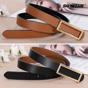 Double-sided women's thin belt for Dresses Jeans Pants with Gold Buckle